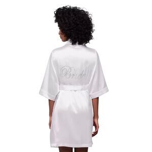NWOT David’s Bridal Rhinestone Bride White Silky Satin Robe Size S/M